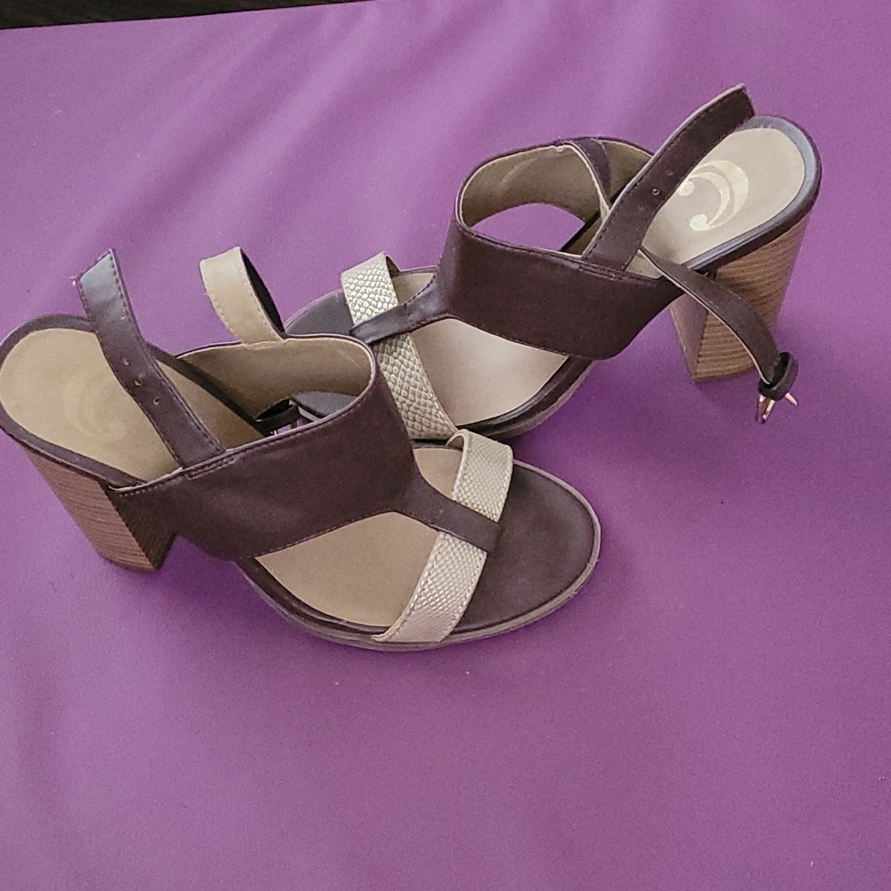 Brown and gold heels